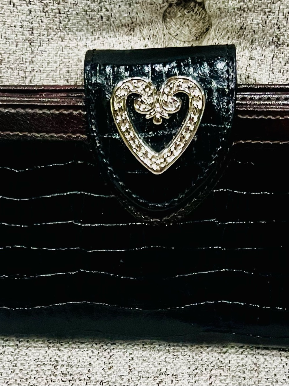 Brighton Black Croc-Embossed Women's Wallet Organizer Brown Trim Heart Accent